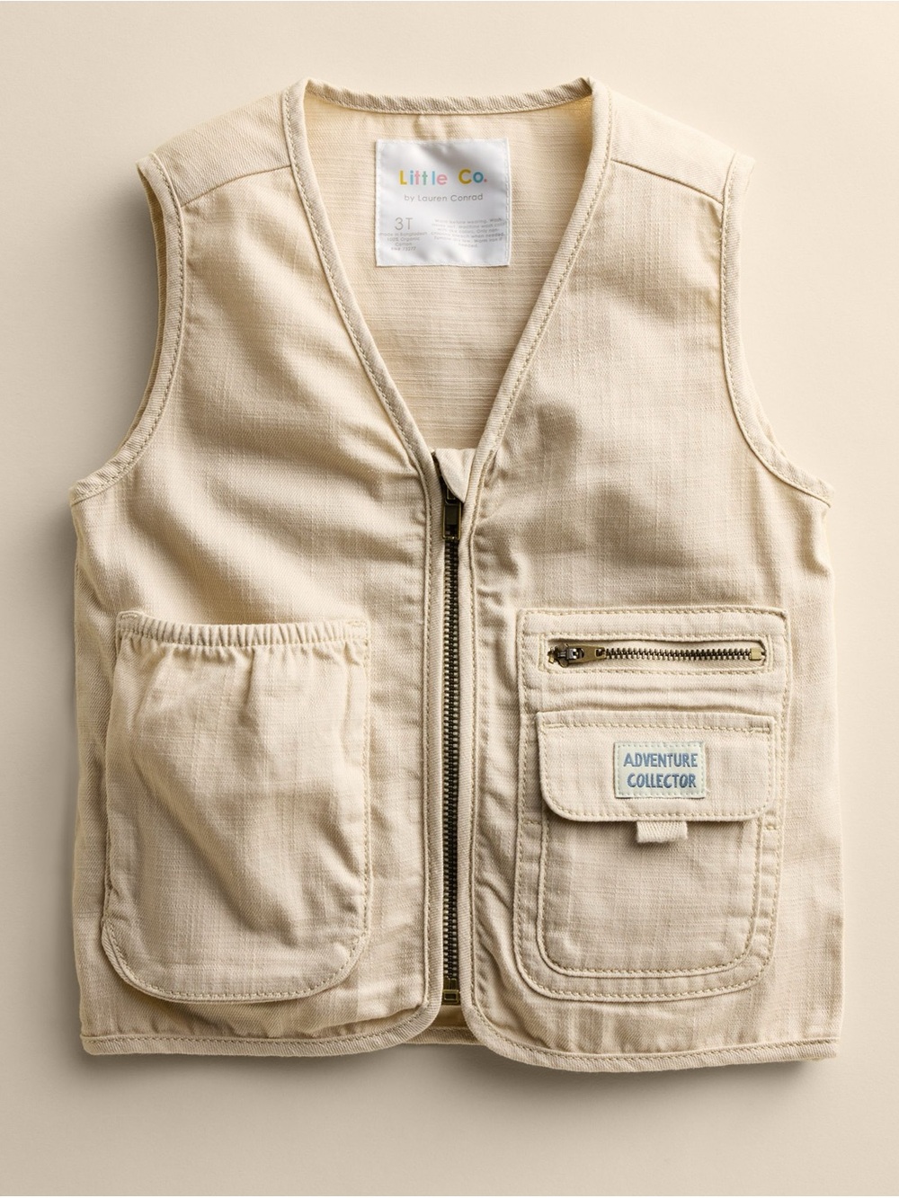 Little Co. Kids' Beige Adventure Canvas Vest - Front Zip Utility Style size 12